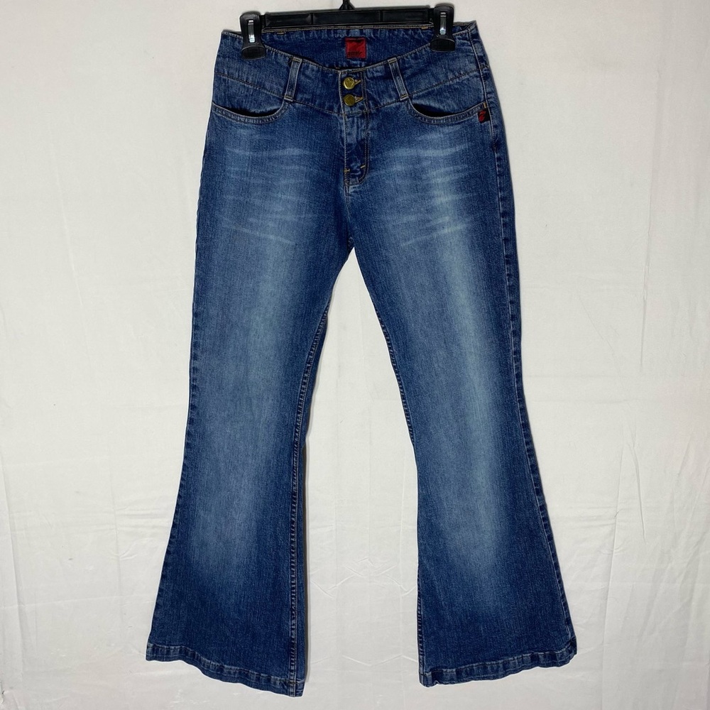 Vintage Y2K Pure 7 Dark Med Wash Mid Rise Flare Leg Jeans 28 Festival Stampede